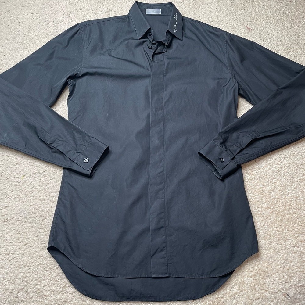 Christian Dior Homme Embroidered Collar Button Down Black Shirt